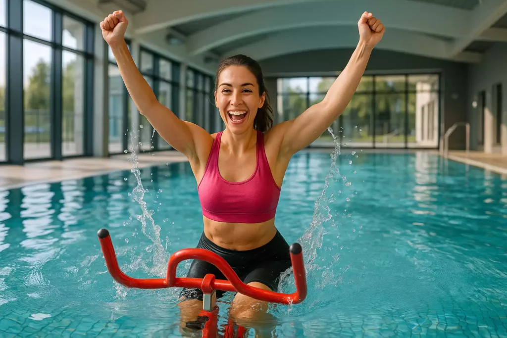 Femme pratiquant l'aquabiking, considéré comme le meilleur sport pour femme selon les experts, dans une piscine moderne française.