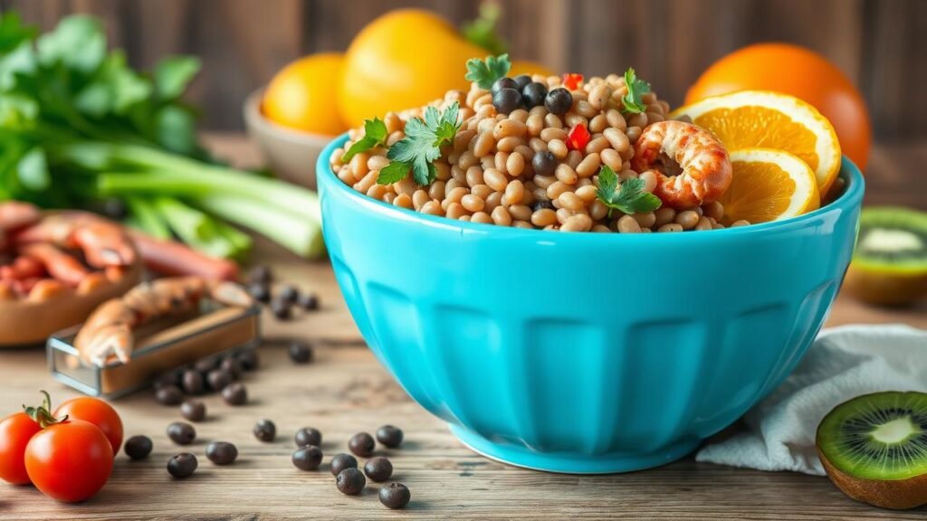 Bol coloré rempli d'aliments riches en fer comme des lentilles, épinards, fruits secs, viande rouge et crustacés, accompagné d'oranges et de kiwis pour illustrer la vitamine C, sur une table en bois rustique, représentant une alimentation riche en fer dans une ambiance saine.