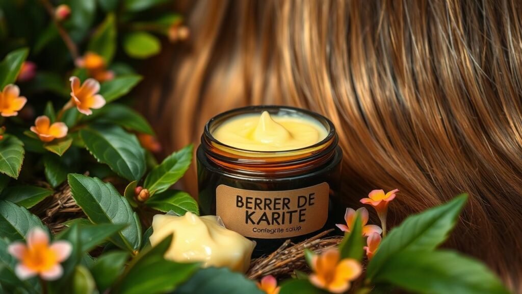 Pot de beurre de karité entouré de feuilles vertes et de fleurs colorées, avec des cheveux crépus et brillants en arrière-plan, symbolisant la nutrition et la protection des cheveux.
