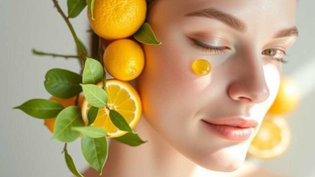 Peau lumineuse et douce entourée de citrons frais et de feuilles vertes, illustrant les bienfaits du citron pour la peau avec des gouttes d'huile essentielle et des flacons naturels dans un cadre lumineux.