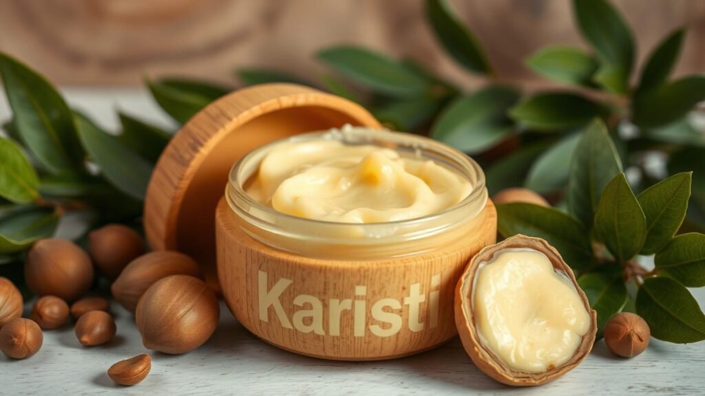 Pot de beurre de karité ouvert, révélant une texture crémeuse, entouré de cheveux bouclés et luxuriants, de noix de karité et de feuilles vertes, illustrant l'origine naturelle du produit, alliant beauté et bien-être pour les cheveux et beurre de karité.