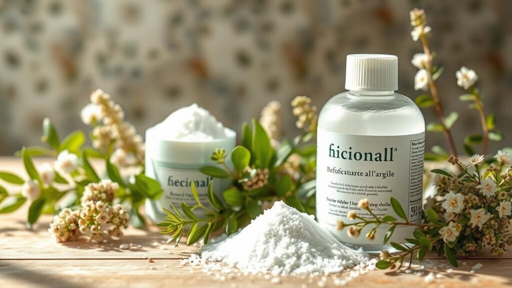 Image d'une chevelure brillante et légère après clarification cheveux, entourée de produits naturels comme du bicarbonate et de l'argile, ainsi que de plantes vertes, évoquant une ambiance apaisante et bénéfique pour une détox capillaire.