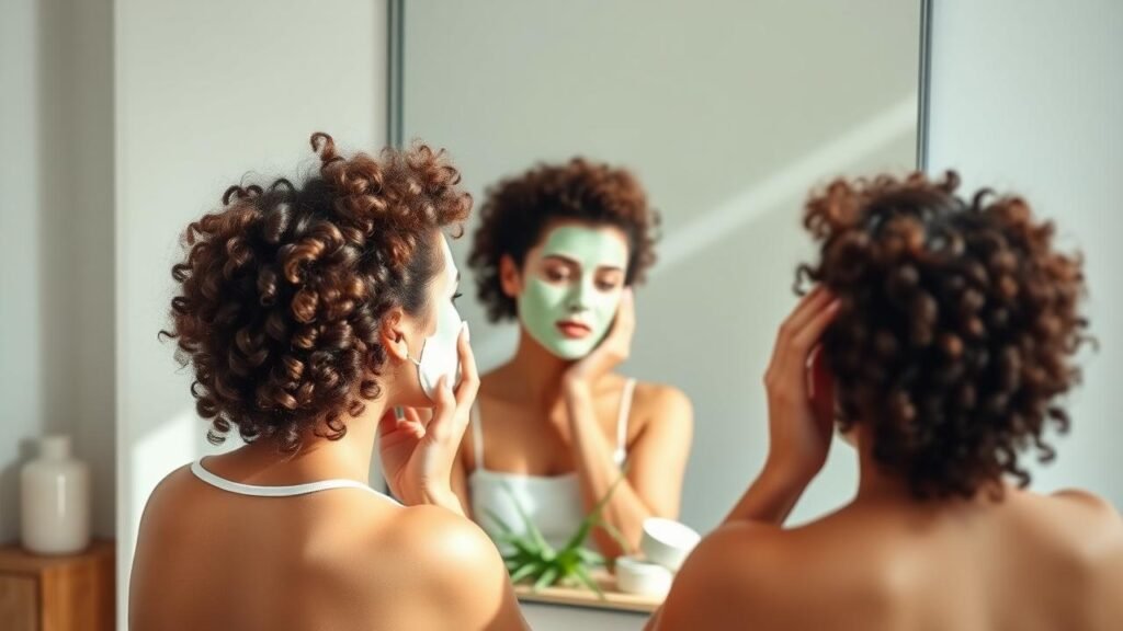 Femme aux cheveux bouclés appliquant un masque capillaire naturel à base d'argile blanche et d'aloe vera devant un miroir, avec des ingrédients pour la clarification cheveux disposés autour d'elle dans une pièce lumineuse et accueillante.