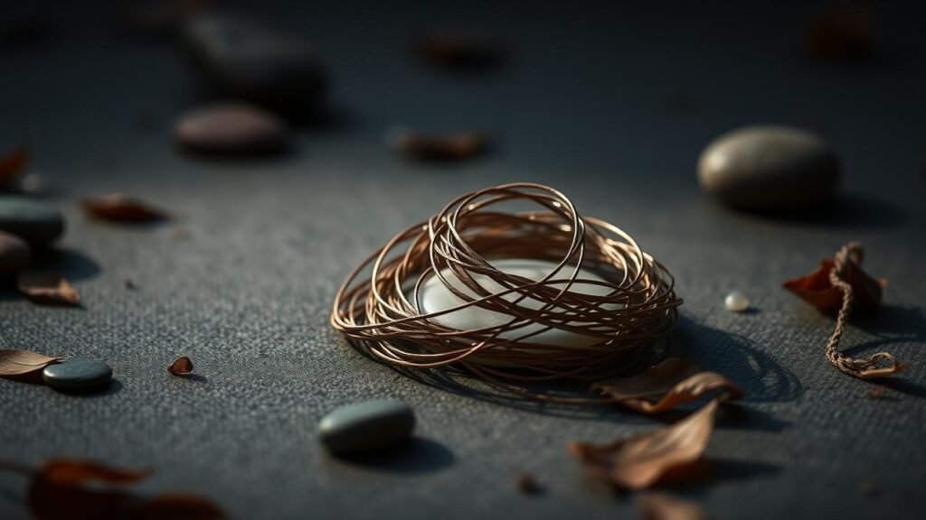 collier délicat enroulé en nœuds sur un fond apaisant avec des éléments naturels, évoquant le chaos intérieur et la complexité émotionnelle, symbolisant la signification spirituelle d'un collier qui s'emmêle