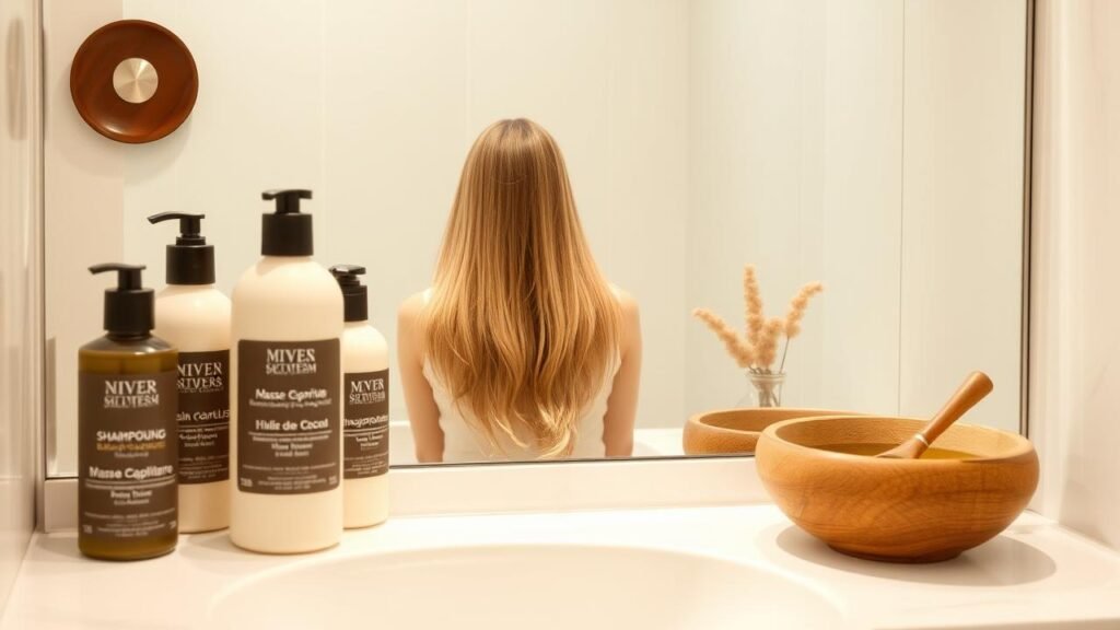 Salle de bains lumineuse et apaisante avec des produits de soin capillaire naturels, incluant shampoing doux sans sulfate, huiles et un bol en bois, illustrant comment prendre soin de ses cheveux avec une ambiance zen.