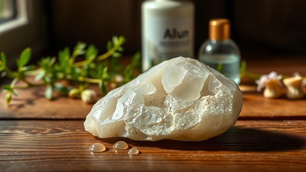 Pierre d'alun posée sur une surface en bois avec des gouttes d'eau et des plantes vertes en arrière-plan, illustrant comment utiliser la pierre d'alun, à côté d'un flacon de déodorant classique.