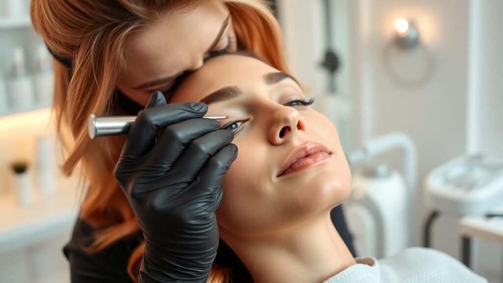 Esthéticienne pratiquant le dermaplaning sur le visage d'une cliente dans un institut de beauté, mettant en avant la lame fine et la texture douce de la peau, avec un fond apaisant d'équipements de soin.
