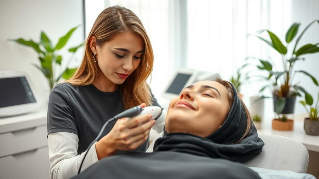esthéticienne réalisant une séance d'électrolyse épilation sur une cliente à l'aise dans un cabinet moderne, montrant une fine aiguille et un appareil d'électrolyse, tandis que des équipements de beauté et des plantes d'intérieur créent une ambiance apaisante, illustrant le sujet du potentiel danger de l'électrolyse épilation.