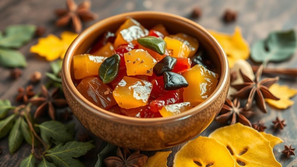 Assortiment coloré de gingembre confit dans un élégant bol en céramique, entouré de feuilles fraîches et d'épices, avec une lumière douce mettant en valeur les textures, illustrant les bienfaits du gingembre confit pour la santé dans une ambiance chaleureuse et apaisante.