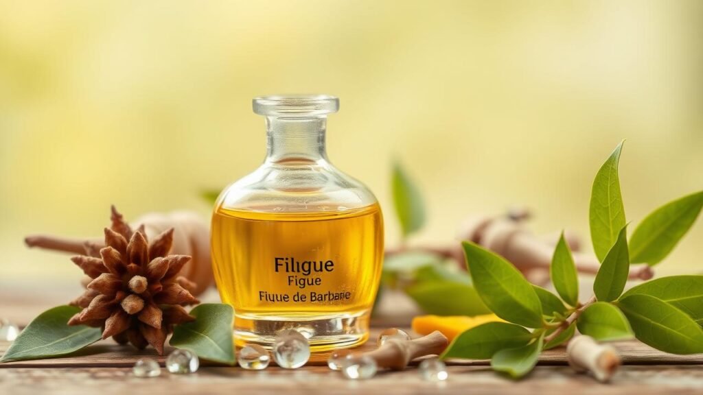 Flacon d'huile figue de barbarie sur un fond naturel, mettant en avant les pépins de figue de barbarie, des gouttes d'eau et des feuilles vertes, symbolisant l'hydratation et la régénération de la peau.