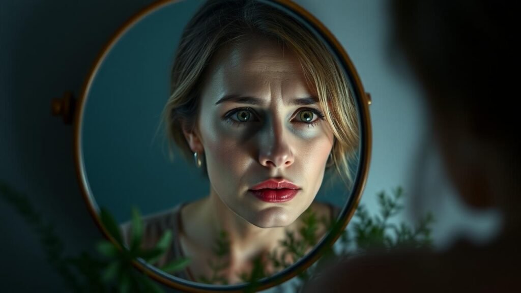 Femme regardant dans un miroir avec une expression préoccupée après une blépharoplastie, mettant en évidence des cicatrices et une légère asymétrie des paupières, illustrant le sentiment "je regrette ma blépharoplastie" dans un cadre calme avec des plantes vertes.