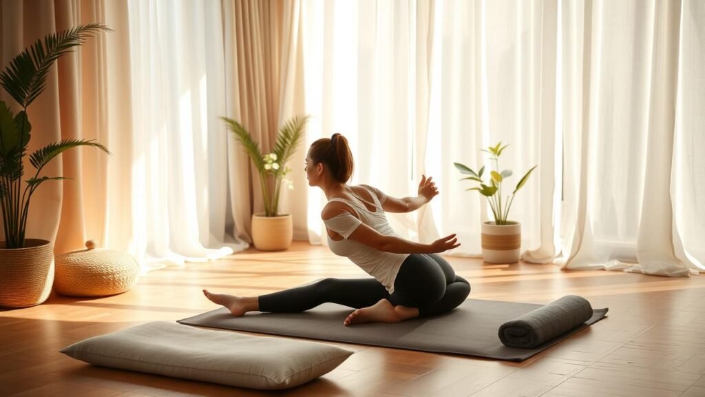 Séance de Pilates somatique dans un environnement serein avec une personne concentrée sur ses mouvements, entourée de coussins et de plantes pour une ambiance de bien-être et d'harmonie corporelle.