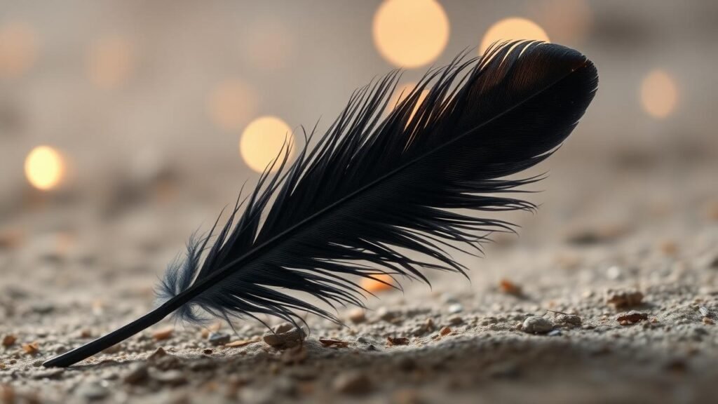 Plume noire délicatement posée sur un fond naturel apaisant, entourée de lumières douces et de symboles spirituels, représentant la plume noire signification de protection et de sagesse.