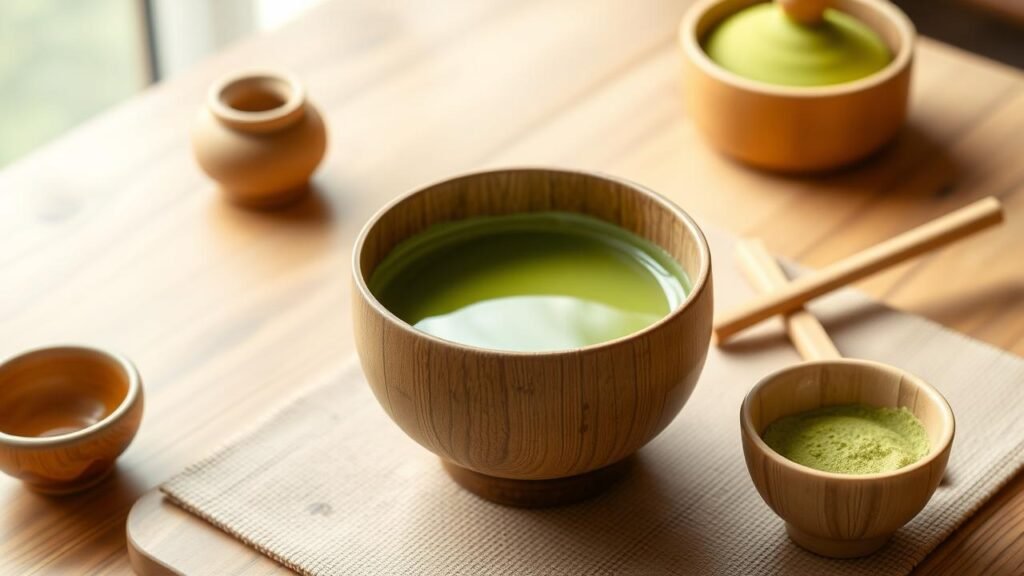 Bol chawan traditionnel japonais rempli de thé matcha vert vif, accompagné d'un fouet en bambou et d'une cuillère, sur une table en bois, illustrant la préparation du thé matcha dans une ambiance zen et apaisante.
