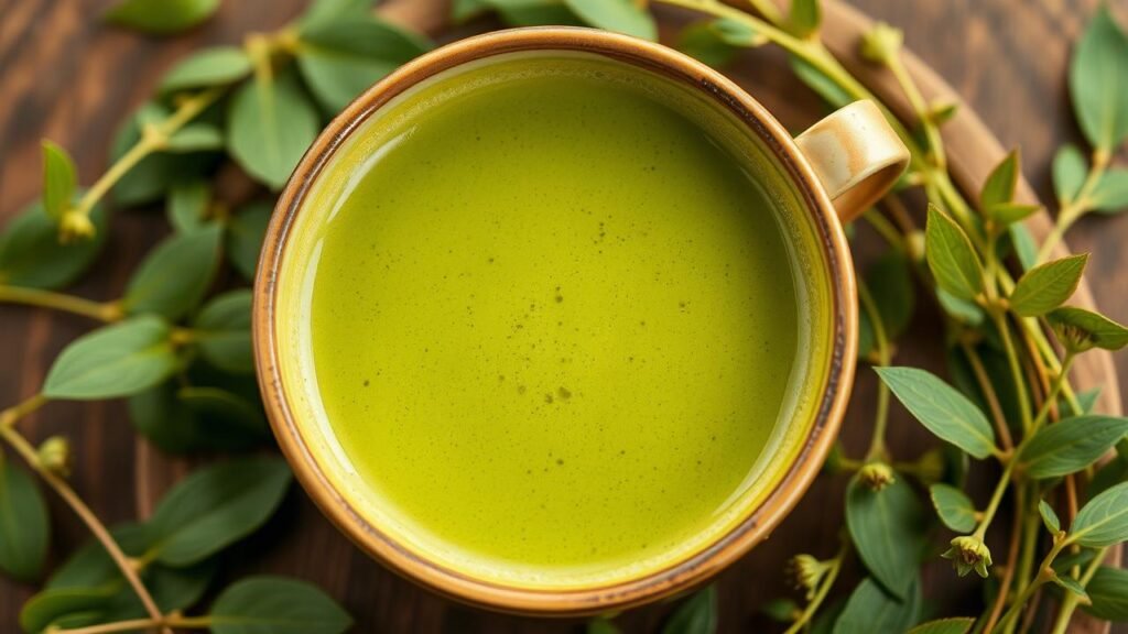 Tasse de matcha vibrant avec une texture soyeuse et une couleur verte riche, entourée de feuilles de thé vert et de jeunes pousses d'herbe fraîchement coupées, illustrant le goût umami en évoquant quel goût a le matcha, dans une ambiance naturelle et calme.