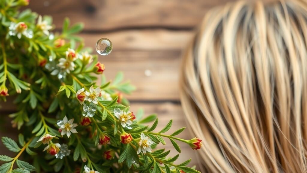 Fond naturel avec des brins de romarin frais, gouttes d'huile essentielle en verre et un spray d'eau de romarin, symbolisant les bienfaits du romarin cheveux sur la croissance et la santé capillaire.