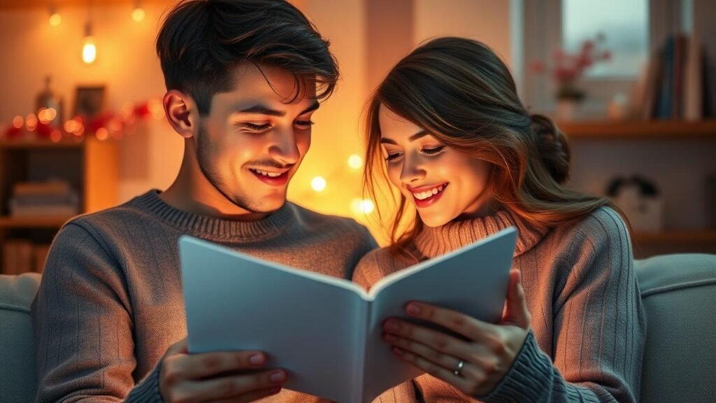 Couple tendre et intime, l'un lit une lettre d'amour avec des larmes de joie, dans un cadre romantique illustrant des souvenirs doux, symbolisant leur lien profond, évoquant un texte d'amour pour lui touchant qui fait pleurer.