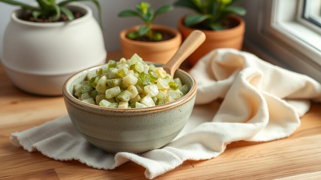 Bol en céramique avec un mélange d'argile verte onctueuse et une cuillère en bois, posé sur un tissu en coton sur une surface en bois naturel, évoquant un environnement de bien-être avec des plantes en pot en arrière-plan, idéal pour préparer un cataplasme argile verte.