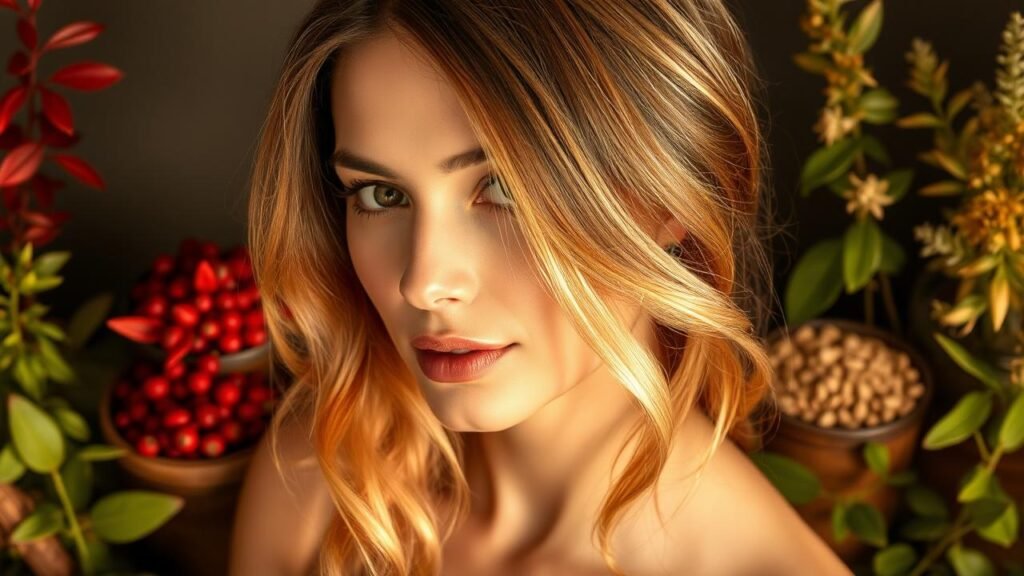 Femme aux cheveux brillants et sains, illustrant l'application de henné sur cheveux, entourée de feuilles de henné et de pots de henné rouge, neutre et blond, avec un éclairage doux mettant en valeur la brillance des cheveux.